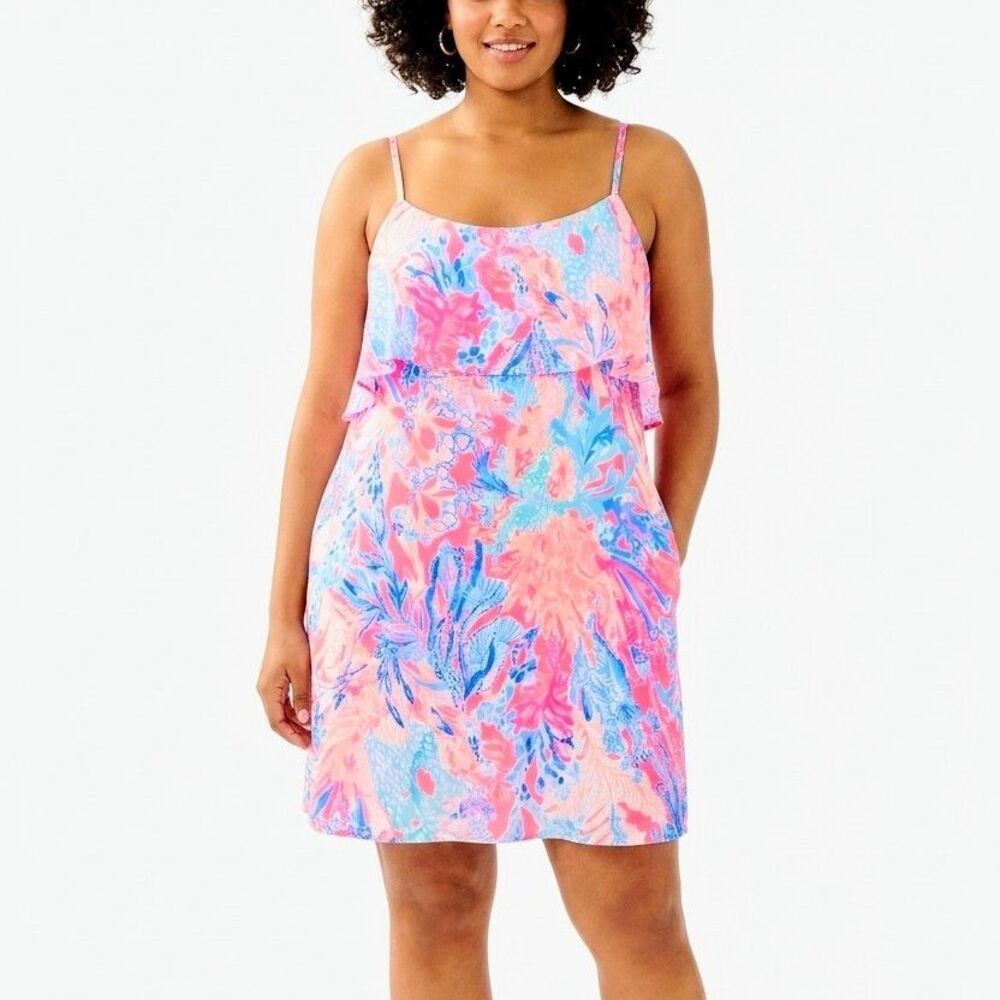 LILLY PULITZER Dress Lexi Aquadesiac Pink Print Lined Ruffled Top Women XL RARE